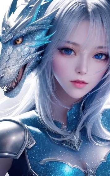 银发女战士与冰龙共舞的奇幻史诗场景