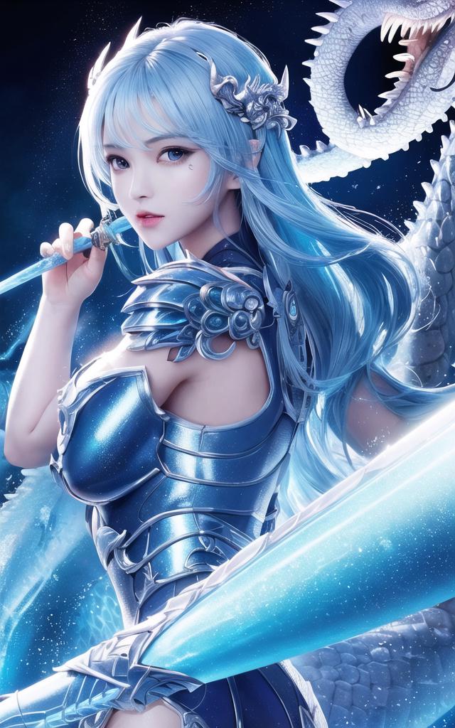 蓝发龙骑士持剑凝视，星空巨龙环绕的奇幻插画