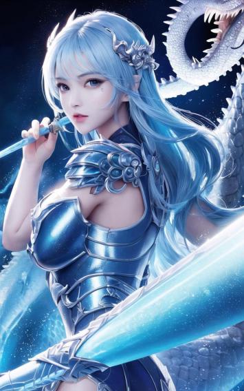 蓝发龙骑士持剑凝视，星空巨龙环绕的奇幻插画