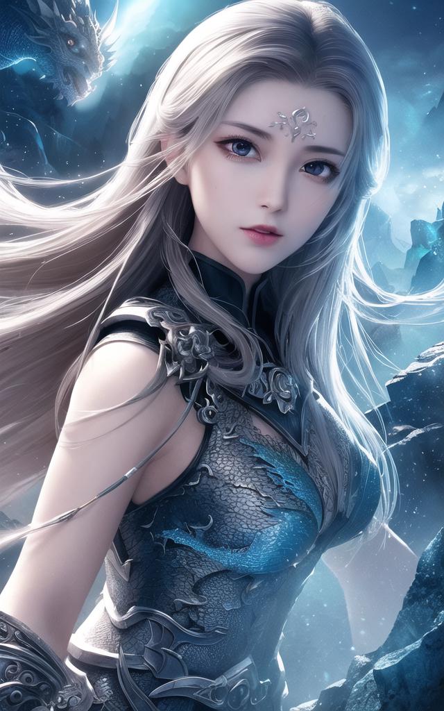 银发仙姬战龙影，冰蓝玄幻写实风