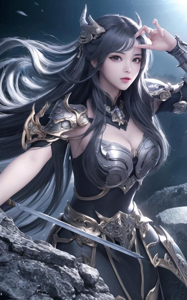 银发战姬立山巅，仙侠玄幻风角色插画