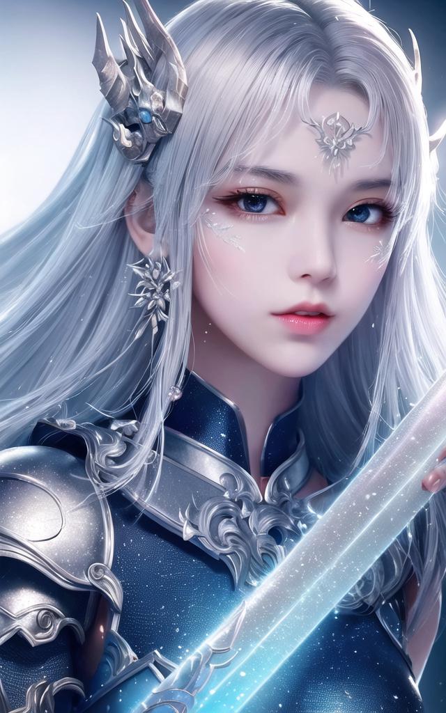 银发仙侠女战士持剑立于星海间