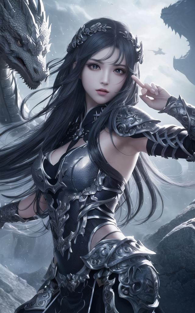 黑发银甲女战神与巨龙共舞云巅