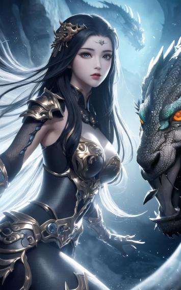 仙侠女战神与巨龙对峙的冷峻幻想场景