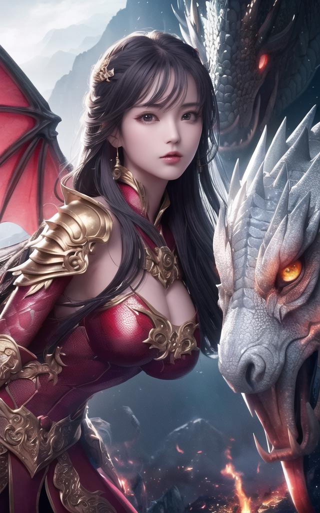 仙侠红甲女战士与巨龙对峙场景