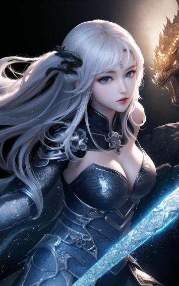 银发魔女持剑立于星空龙影间