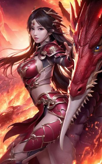 仙侠女战神与赤龙并肩燃焰图