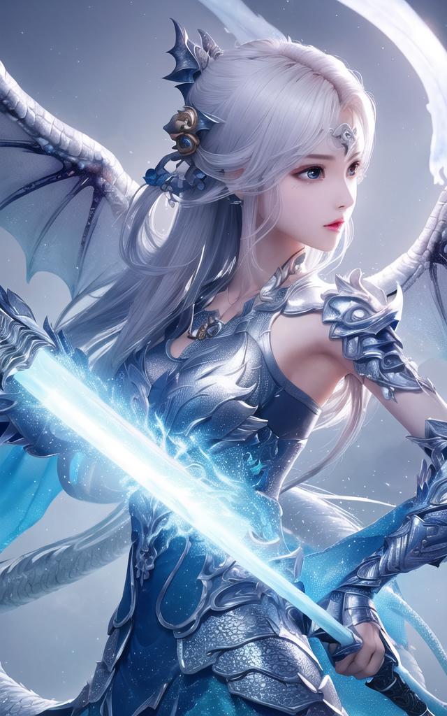 银发龙翼女战士持光剑决战星夜