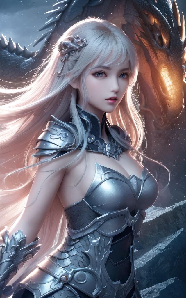 银发女战士与巨龙对峙的奇幻3D场景