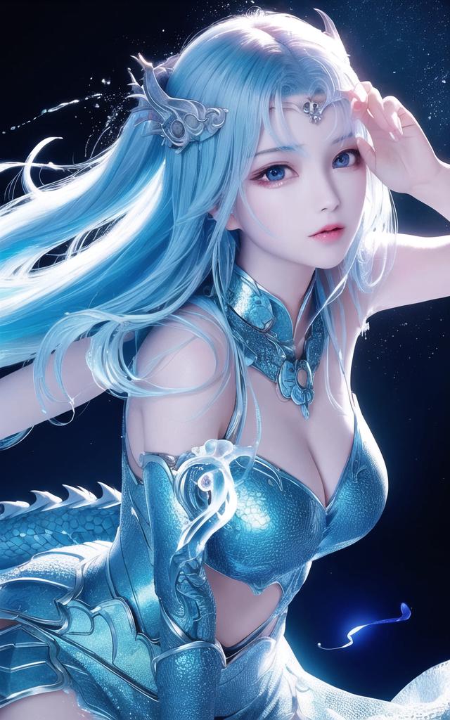 蓝发龙女3D奇幻插画，星空下的仙侠美人