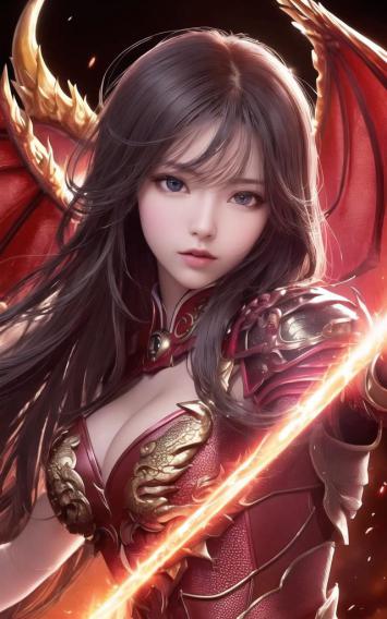 仙侠女战神持焰刃龙翼翱翔天际