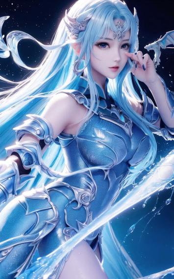 蓝发仙侠女战士冰晶铠甲插画
