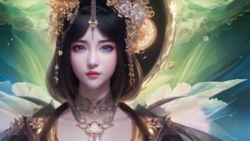 仙侠女神3D渲染图，古风华服配金冠羽翼