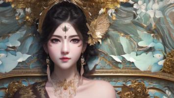 古风仕女水墨动漫图，金饰华裳尽显东方雅韵