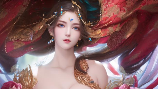 仙侠女神华服飘逸，红金交织幻境之美