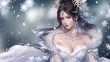雪中仙子幻想插画，冰晶华服映月光