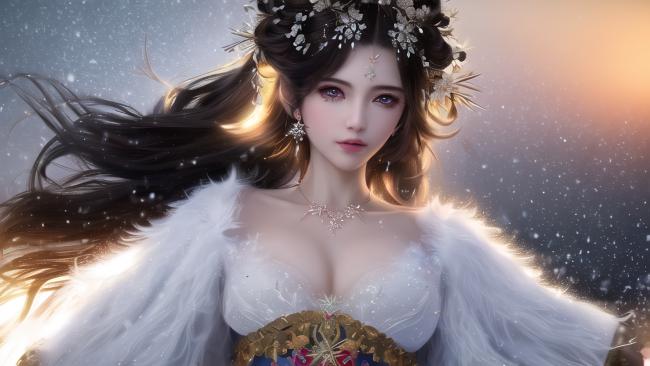 雪中仙子飘羽图，古风玄幻女神像