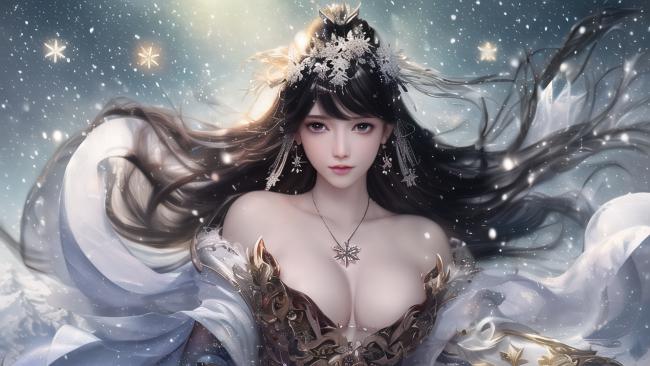 雪夜仙子飘纱立影，玄幻仙侠风唯美插画