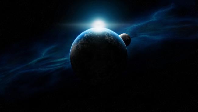 宇宙行星逆光奇景：深空蓝调科幻大片