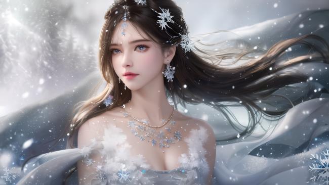冰雪女神油画肖像，飘雪中的优雅仙子