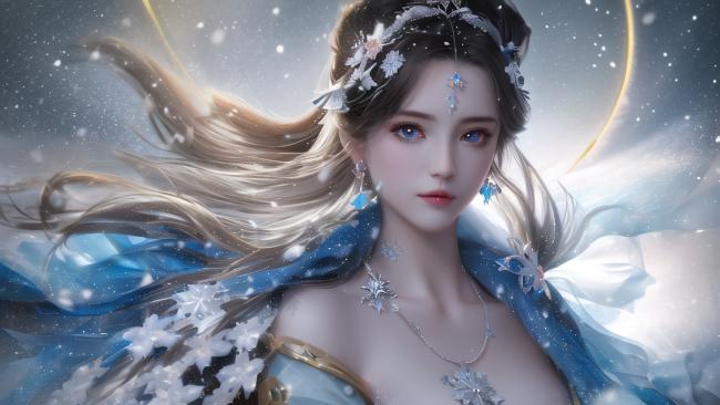 雪中仙子飘逸写真，冰蓝华服映月辉