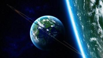 太空中的地球与行星环科幻场景