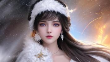 冰雪女神肖像：星辉与寒羽交织的梦幻画卷