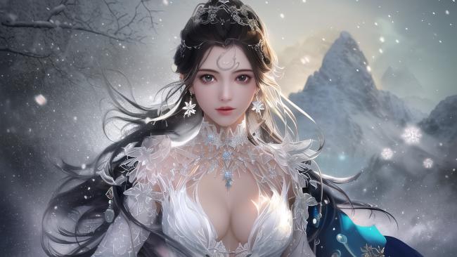 雪中仙子立雪山，古风玄幻美人图