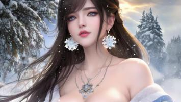 雪夜女神特写：冬日仙境中的华丽少女