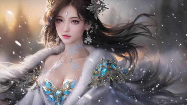 冰雪女神幻想插画：冷艳华服与飘雪梦境