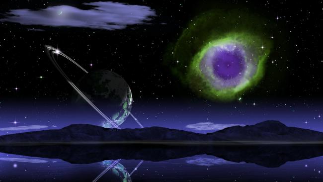 星环行星与紫绿星云的科幻夜景