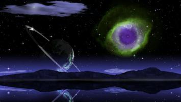 星环行星与紫绿星云的科幻夜景