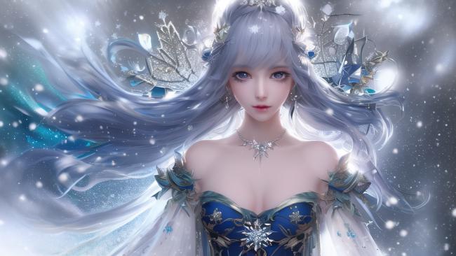 冰雪仙子写实插画，银发蓝裙幻境之美