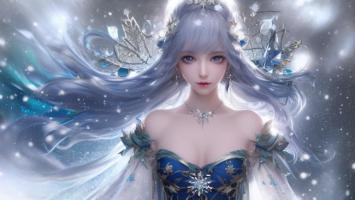冰雪仙子写实插画，银发蓝裙幻境之美