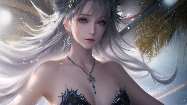 银发精灵少女写实肖像，星夜羽翼背景