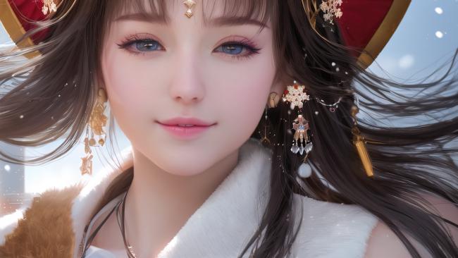 古风仕女雪中特写，精致妆容与华美头饰