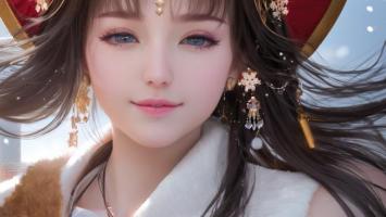 古风仕女雪中特写，精致妆容与华美头饰