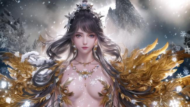 雪中金翼仙女神话插画