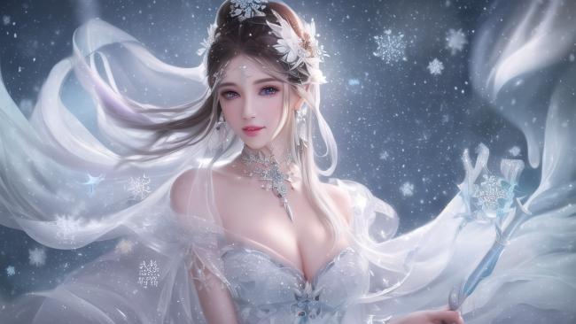 冰雪仙子持杖飘雪图