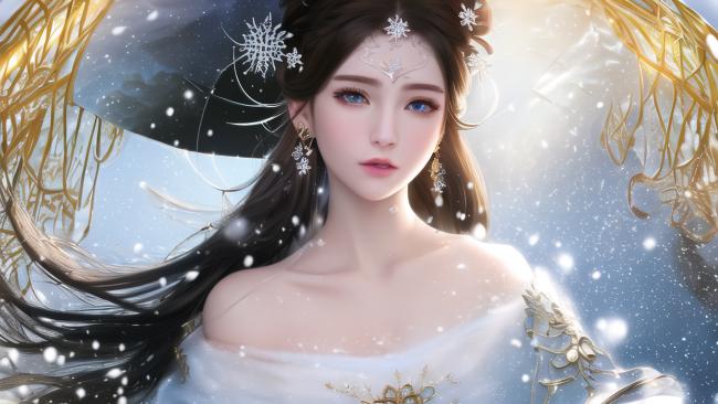 一位身着白色仙气长裙的古风少女，发间点缀雪花与金丝装饰，蓝眸凝视前方，背景是飘雪