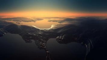 黄昏高空俯瞰山水奇景