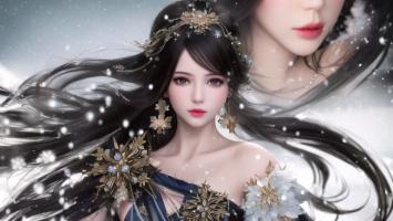 雪中仙子古风写真，飘逸长发配金饰