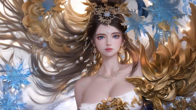 冰雪女神华丽立绘，金发雪饰梦幻唯美