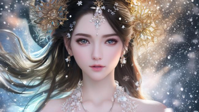 冰雪仙子写真：星芒头饰与飘雪背景 ✨