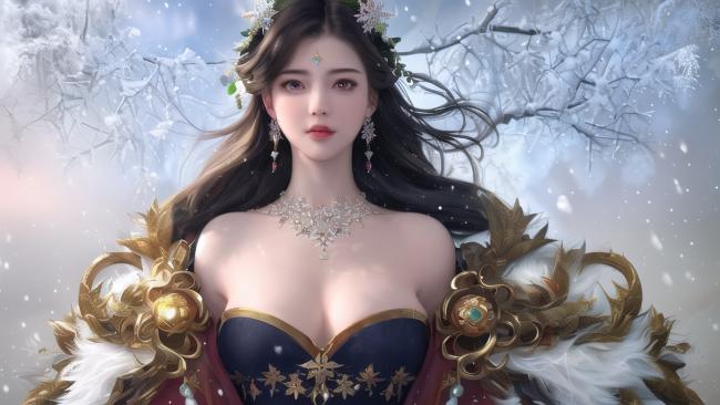 雪中仙姬：华服神女立寒林