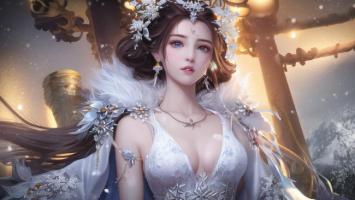 冰雪仙子油画风插画，神殿雪景唯美呈现