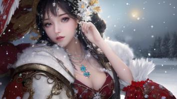 雪夜古装仕女写真，红衣白裘映月光
