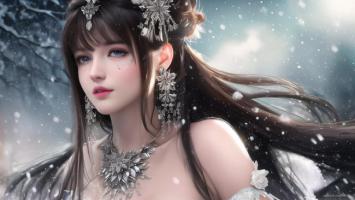 雪中仙侠少女水墨动漫肖像