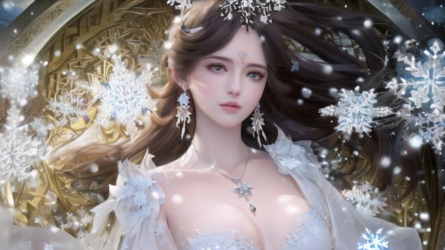 冰雪女神幻境插画，金箔雪景唯美如诗