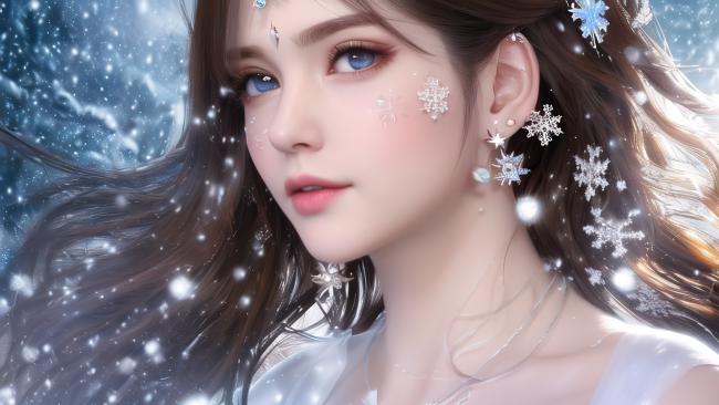 冰雪仙子写真：蓝眸少女雪中绽放